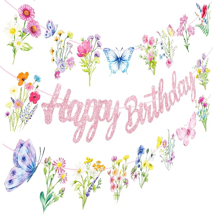Wildflowers Happy Birthday Banners 3Pcs Pink Butterfly Theme Party Decorations for Women Girl Spring Birthday Baby Shower Supplies