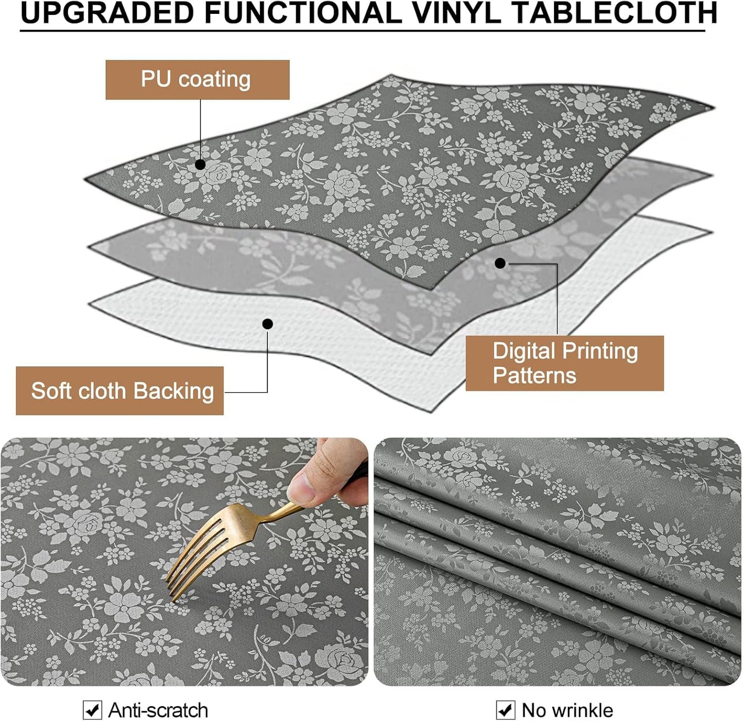 Smiry Rectangle Table Cloth, Waterproof Heavy Duty Vinyl Tablecloths, Wipeable Washable Table Cover for Kitchen and Dining Room (Grey, 60" X 120")