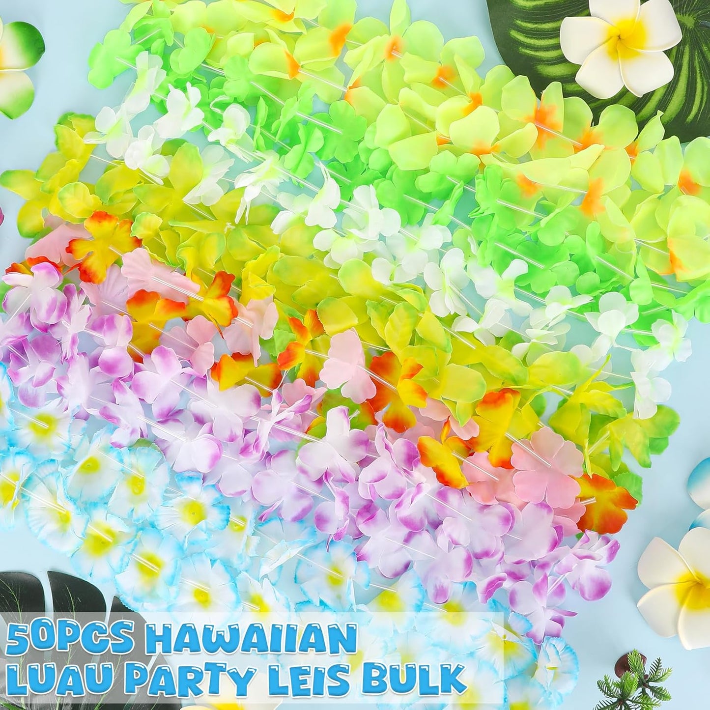 50PCS Hawaiian Leis, Leis for Luau Party Decor, Hawaiian Leis Colorful Tropical Theme Silk Flower Bulk, Hawaii Flower Lays Garland Summer Pool Birthday Party Favors Supplies Accessories