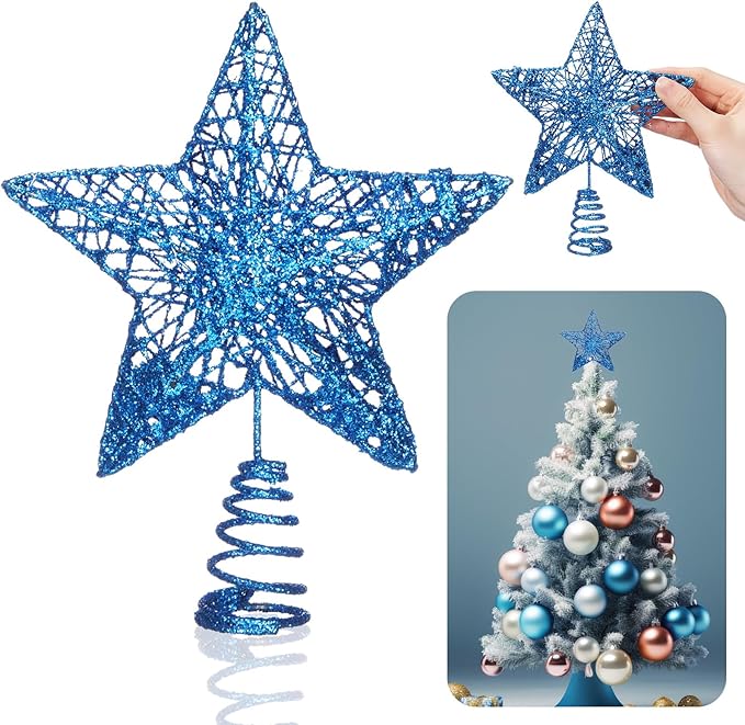 Christmas Star Tree Topper Glittering Hollow Star Topper Decoration for Xmas Tree Ornament Party Supplies(Sky Blue,5.9 Inch)