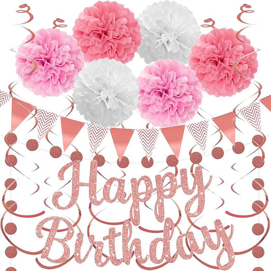 Pink Birthday Decorations, Happy Birthday Banner and Paper Pompoms, Hanging Swirls, Circle Dots Garland, Pennant Banner for Girls Women Party Decorations