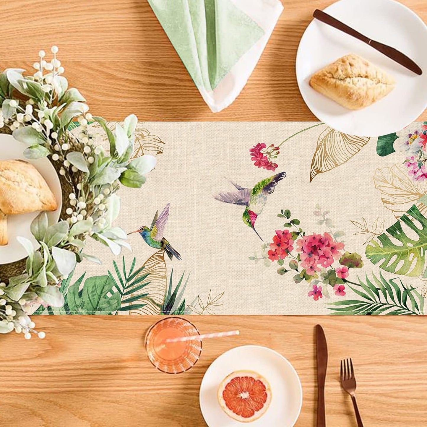 Seliem Summer Tropical Hummingbird Palm Leaf Greenery Table Runner, Spring Birds Home Kitchen Monstera Geranium Flowers Dining Decor, Seasonal Burlap Decorations Anniversary Party Supply 13 x 48 Inch