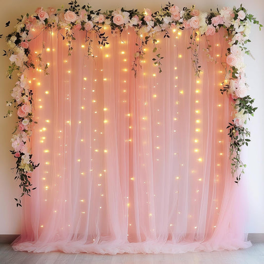 Fomcet Peach Tulle Backdrop Curtains with Lights String 10FT X 10FT Sheer Curtain with Lights for Backdrop Tulle Curtain for Wedding Birthday Party Photo Shoot (2 Panels 5x10FT)