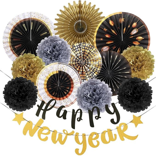 SUNBEAUTY New Years Eve Party Supplies 2026, Happy New Year Decorations Black Gold Hanging Paper Fans Tissue Pom Poms Happy New Year Banner for 2026 New Year Party Favor Supplies Decorations