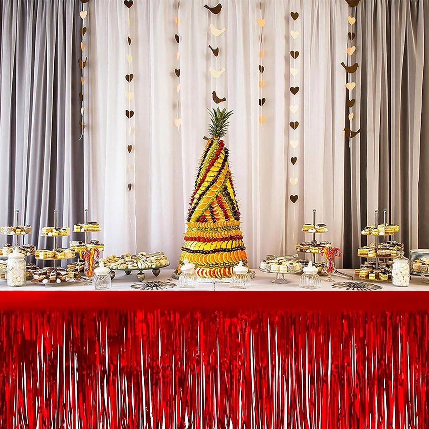 4 Pack Metallic Foil Fringe Tinsel Table Skirts,29x108 Inch Party Disposable Table Skirt Banner for Hotel Banquet Parade Floats Mardi Gras Holiday Birthday Wedding New Year Party Decoration(Red)