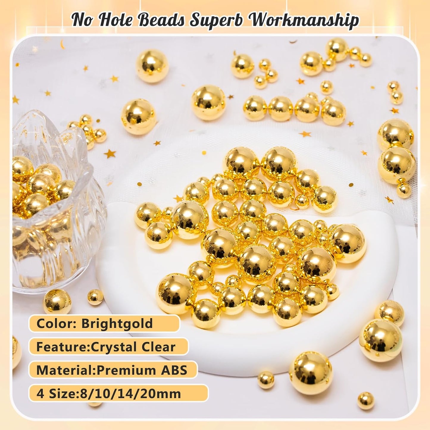 300Pcs Pearl Vase Filler, BrightGold No Hole Faux Pearl Beads for Centerpieces Vases, Candle Centerpieces, Wedding Birthday Party Home Decor 8/10/14/20mm