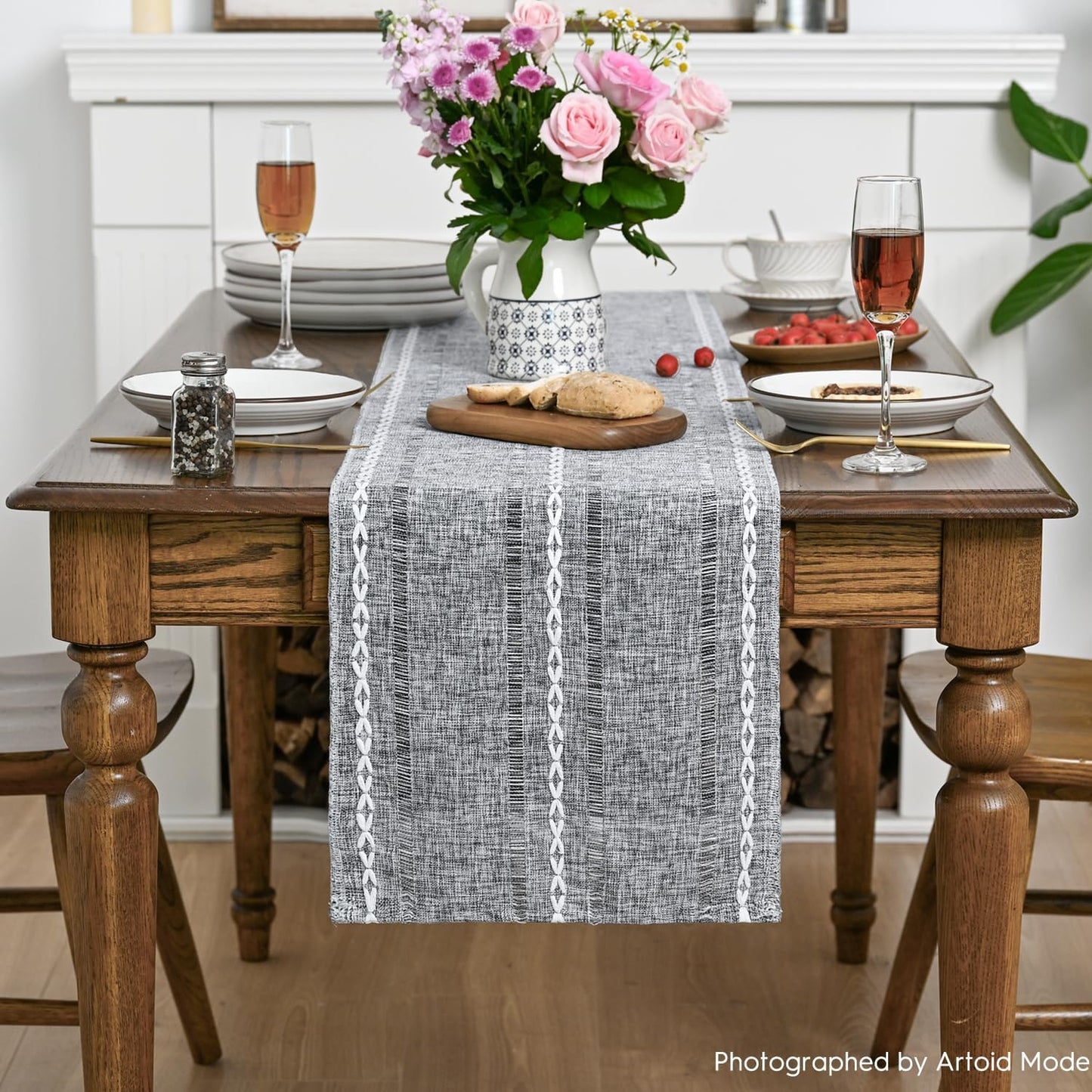 Artoid Mode Dark Grey Rustic Cotton Linen Table Runner, Seasonal Embroidered Hollow Kitchen Dining Table Decoration for Home Party Decor 13x108 Inch