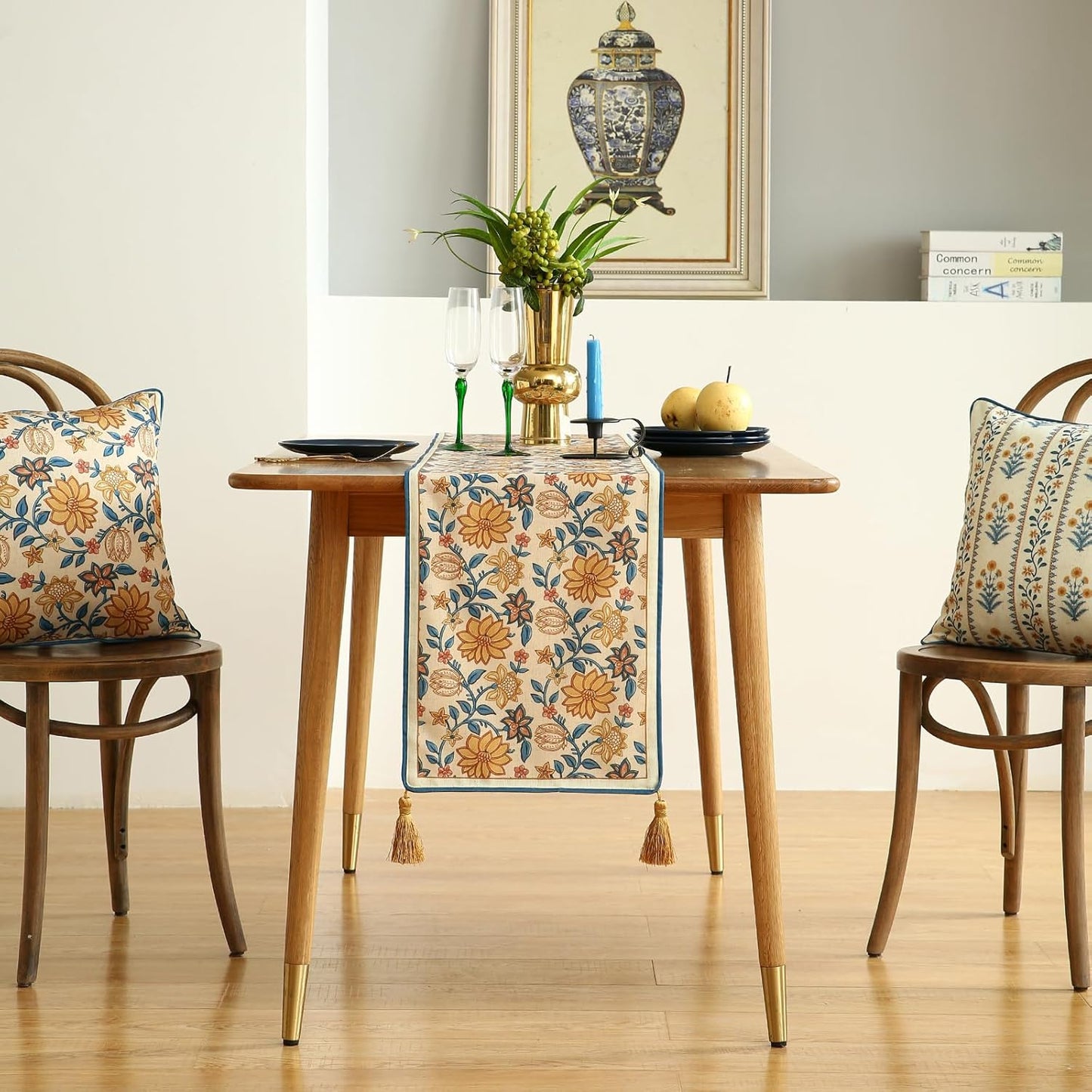 ISAENNE Designer Bohemian Elegant Linen Table Runner 87 Inches Long,Floral Pattern Duable Decor Table Runners for Dining Tables,Thanksgiving,Kitchen Tables,Christmas,12"*87"-Estevan B