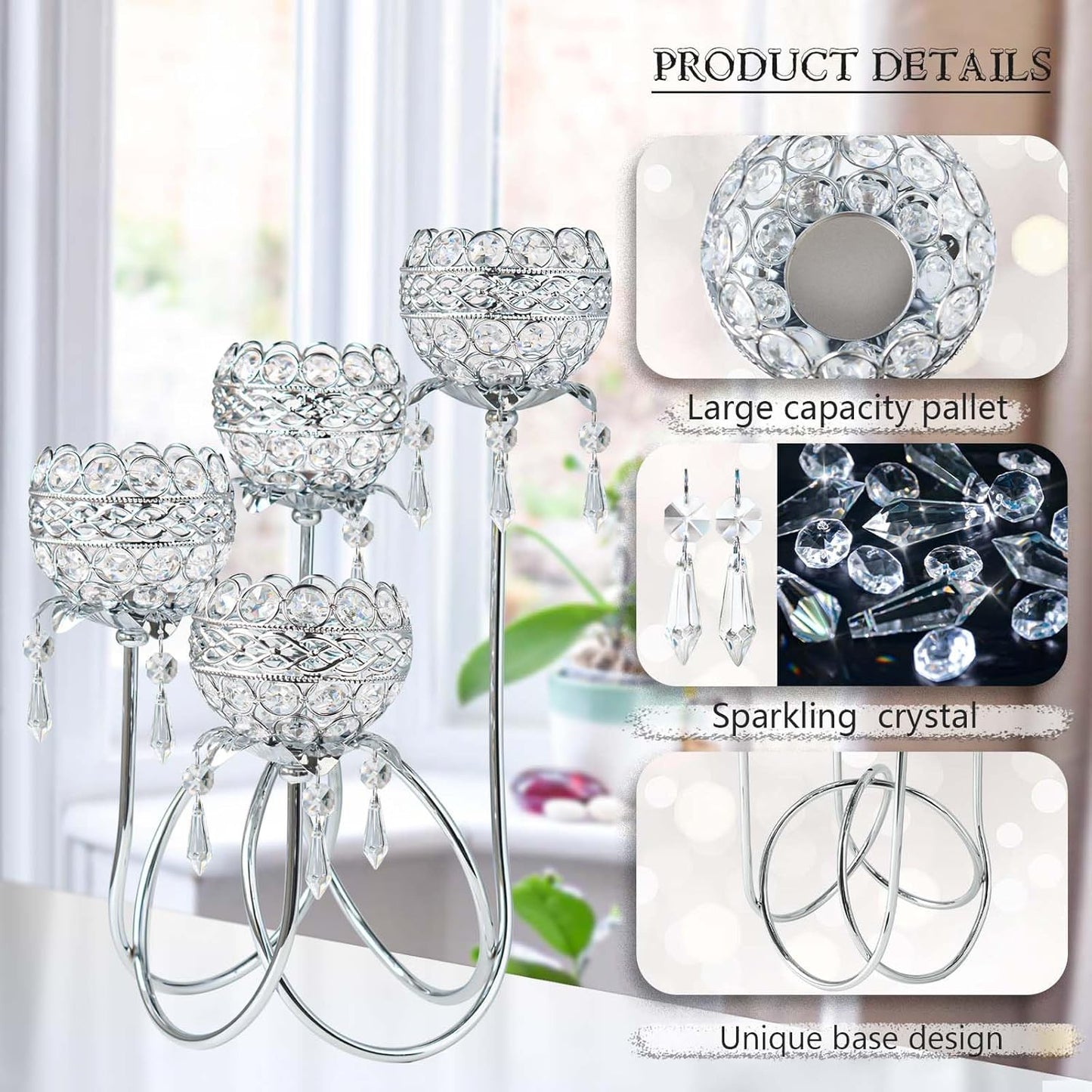 4 Arms Crystal Candelabra Tealight Holder - Tall 15.7 Inch Elegant Tabletop Centerpiece with Crystal Pendant Bowls & Artistic Metal Stand for Wedding, Dining Table, Home Decor (2, Silver)