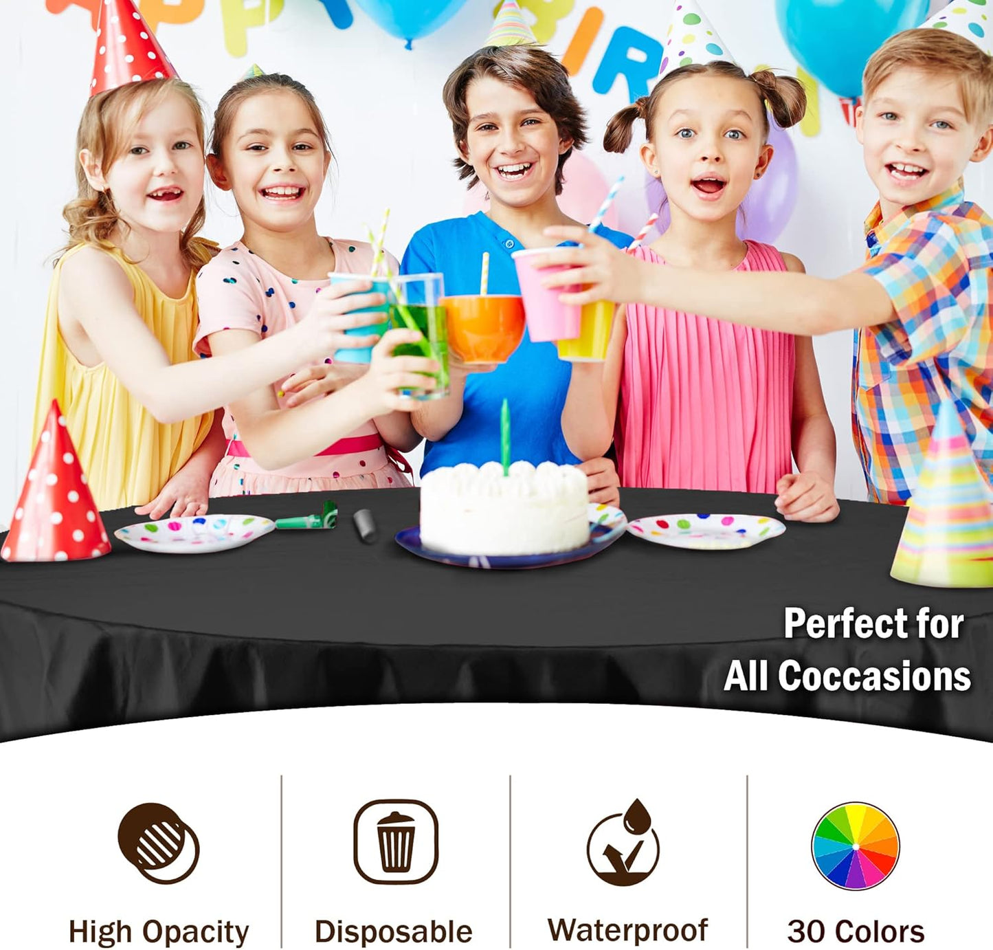 Exquisite Party Solids 12-Pack Premium Plastic Tablecloth 84in. Round Table Cover - Black