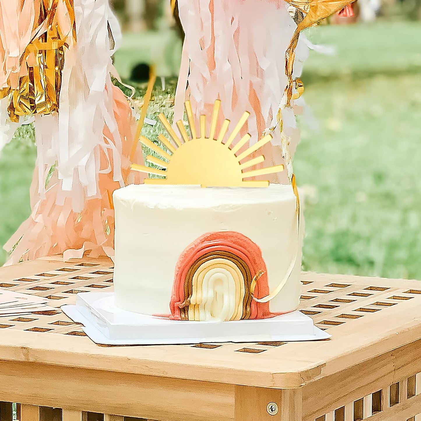 Huray Rayho Sun Acrylic Cake Topper Boho Theme Mirror Cake Topper for Photo Booth Props You Are My Sunshine Birthday Party Supplies First Trip Around the Sun Party Decoration