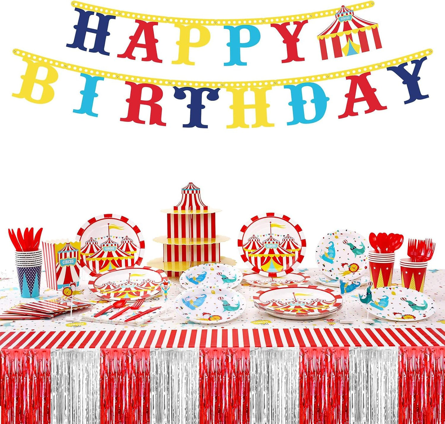 4 Pack 29x108 Inch Metallic Foil Fringe Tinsel Table Skirts for Rectangle Tables Streamer Backdrop for Wedding, Birthday, Parade Floats, Christmas, Halloween Party Decoration(Red Silver)