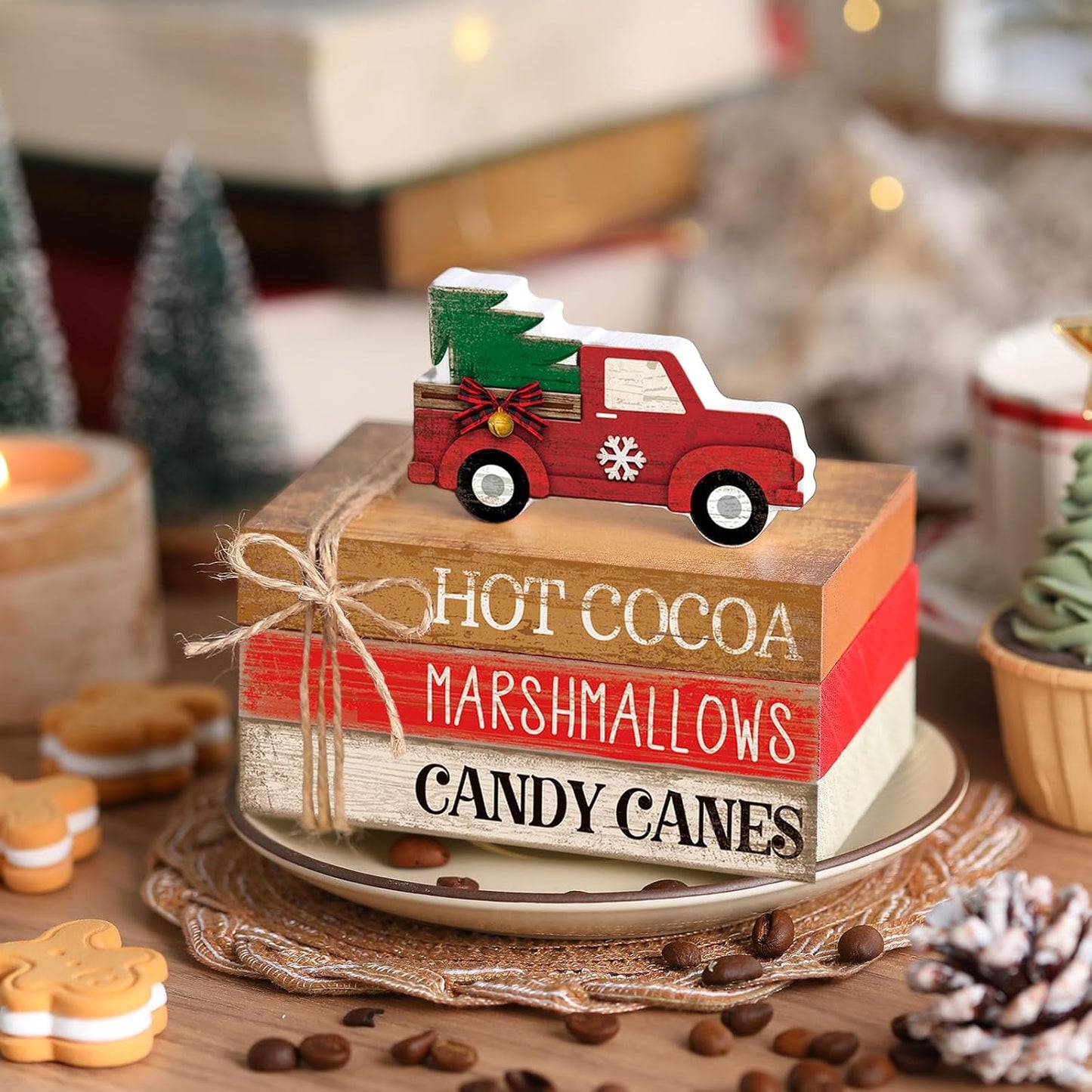 4 Pcs Christmas Table Decorations Red Truck Winter Tiered Tray Decorations Rustic Merry Christmas Table Centerpiece Wooden Books Signs for Office Shelf Classroom Tabletop Bookshelf