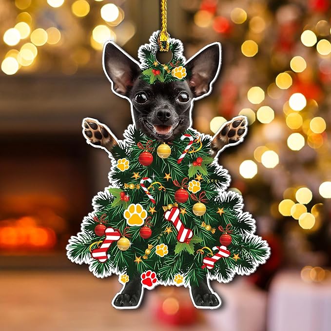 Black Chihuahua Christmas Tree Ornament - Festive Holiday Acrylic Hanging Decoration - Black Chihuahua Christmas Tree Topper Ornament