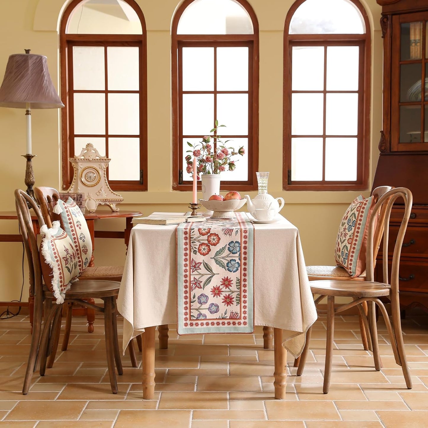 Decorative Linen Table Runner 87 Inches Long,Green Floral Rustic Farmhouse Runner for Table Decor Tabletop Table Runners for Kitchen,Dining,Party,Home,Christmas,12"*87"