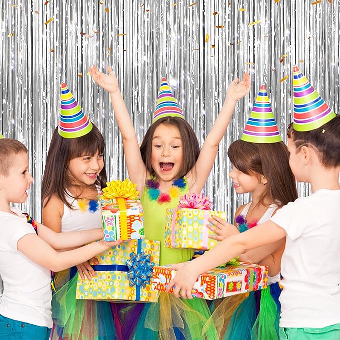 2 Pack Silver Metallic Tinsel Foil Fringe Curtains, Door Streamers Photo Booth Backdrop for Birthday Party, Tinsel Curtain Backdrop for Baby Shower Bachelorette Christmas Party Decorations