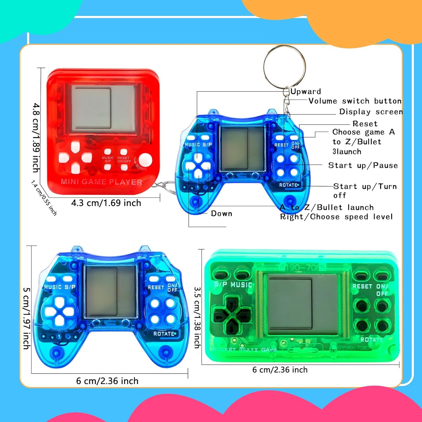 36 Pack Video Game Keychain Mini Square Handheld Video Game Key Chain for Kids Birthday Video Game Party Favors