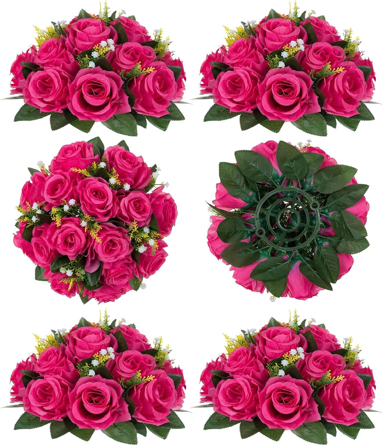 BLOSMON Pink Roses Artificial Flowers: 6 Pcs Hot Pink Fake Flower Balls for Wedding Dinning Table Centerpieces - Fake Silk Kissing Bouquet Floral Arrangement for Home Party Event Decor
