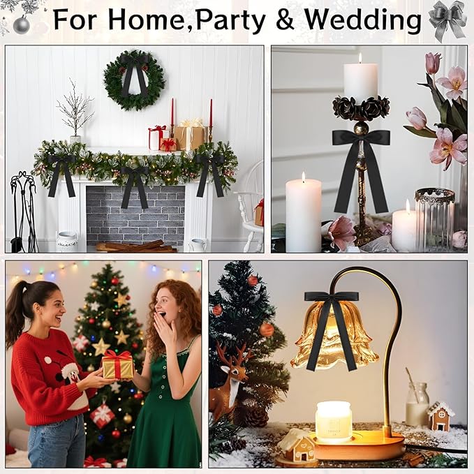 36Pcs Black Satin Christmas Bows, Christmas Tree Topper Bow Door Garland Decorations Home Party Wedding Car Gift Cake Holiday Decor Supplies