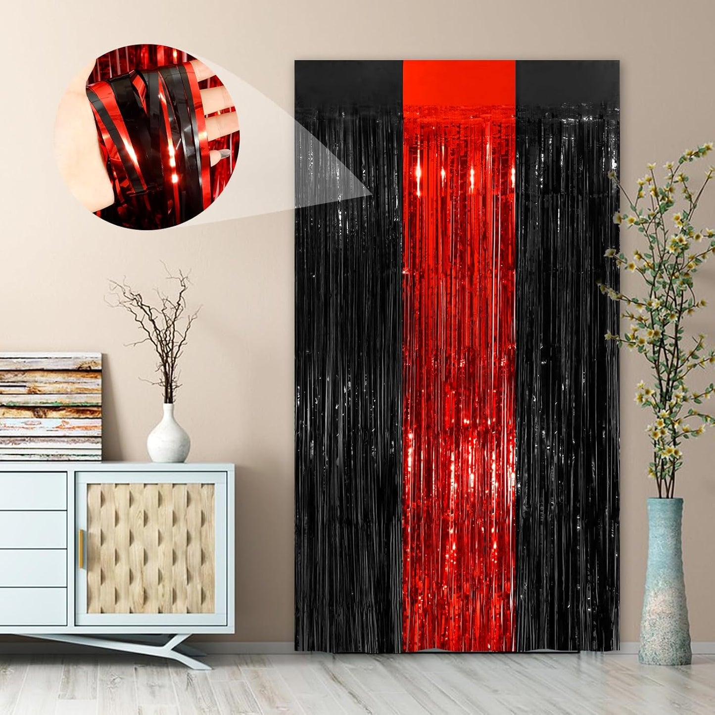 Black Red Fringe Curtain Party Streamers 2Pack 3.3 x 8.3 Ft Foil Fringe Backdrop Curtains for Birthday Wedding Bridal Baby Shower Holiday Tinsel Streamers Black Party Decorations Door Streamers