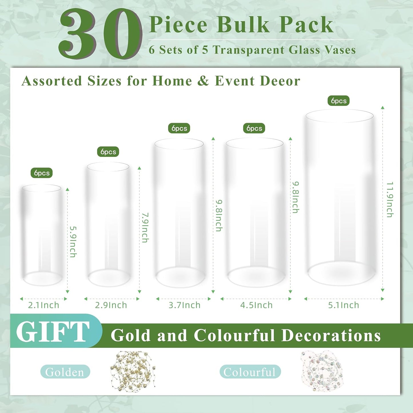 30pcs Glass Cylinder Vase for Centerpieces, 6,8,10,10,12 inch Tall Big Clear Flower Vase Bulk Floating Candle Holder for Wedding Table Home Décor and Party