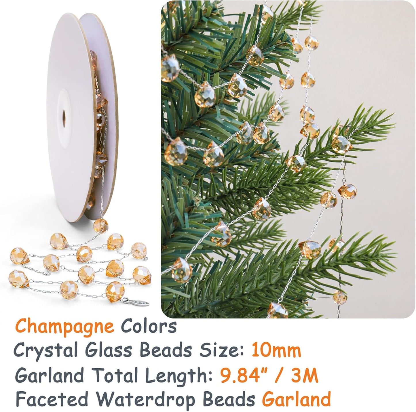 Christmas Garland, 9.8Ft Crystal Glass Beads Strands, 100pcs 10mm Faceted Waterdrop Glass Beads Hanging Ornament for Christmas Tree Centerpieces Wedding Party Decorations (Gold)