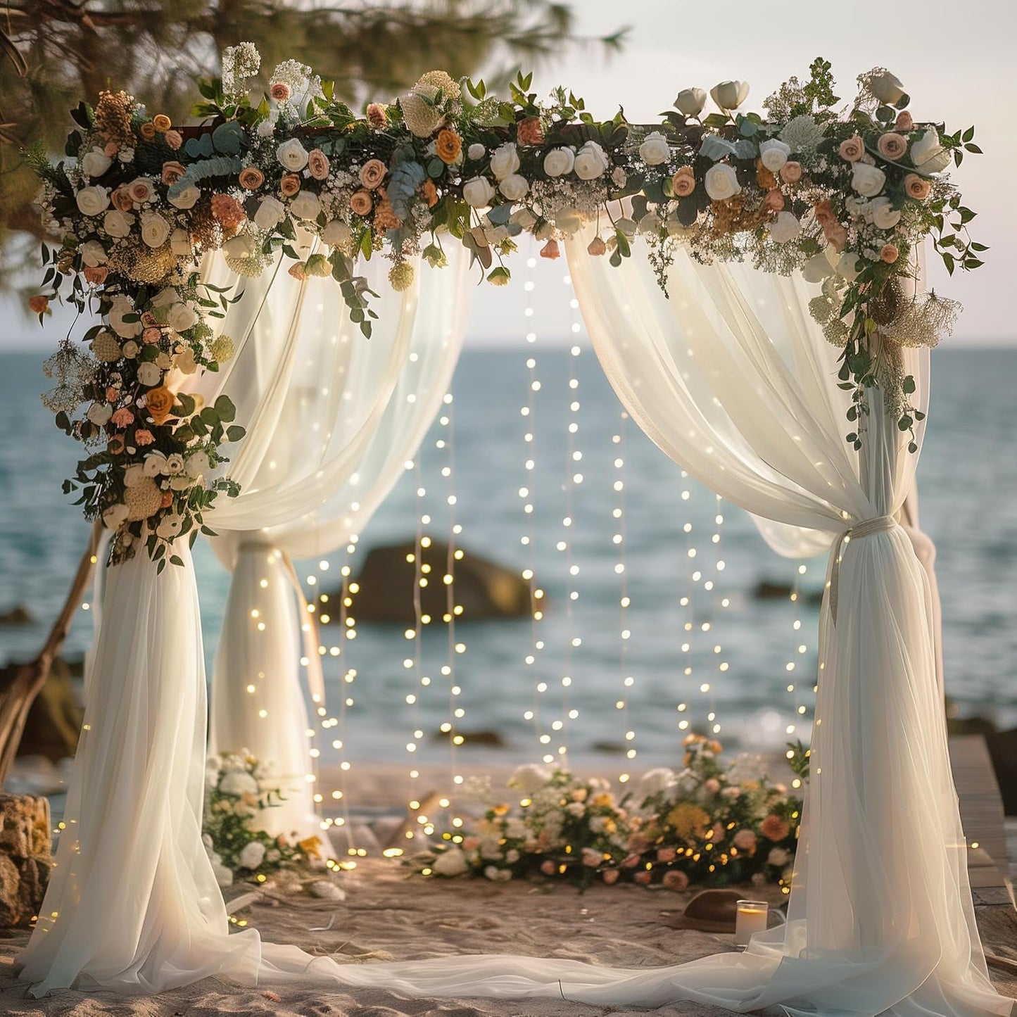 Fomcet Tulle Backdrop Curtains Ivory 30FT X 8FT Tulle Curtains with Lights String Sheer Curtain Backdrop for Parties Wedding Baby Shower Photo Shoot Decorations (6 Panels 5 x 8FT)