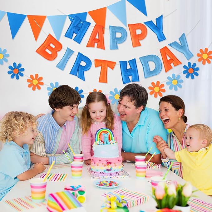 Felt Birthday Decorations, NO DIY, Pre-Strung 3D Felt Happy Birthday Banner with Fabric Flower Garland, Colorful Triangle Flags, Birthday Party Decorations for Women Men Boys Girls (BlueOrange)