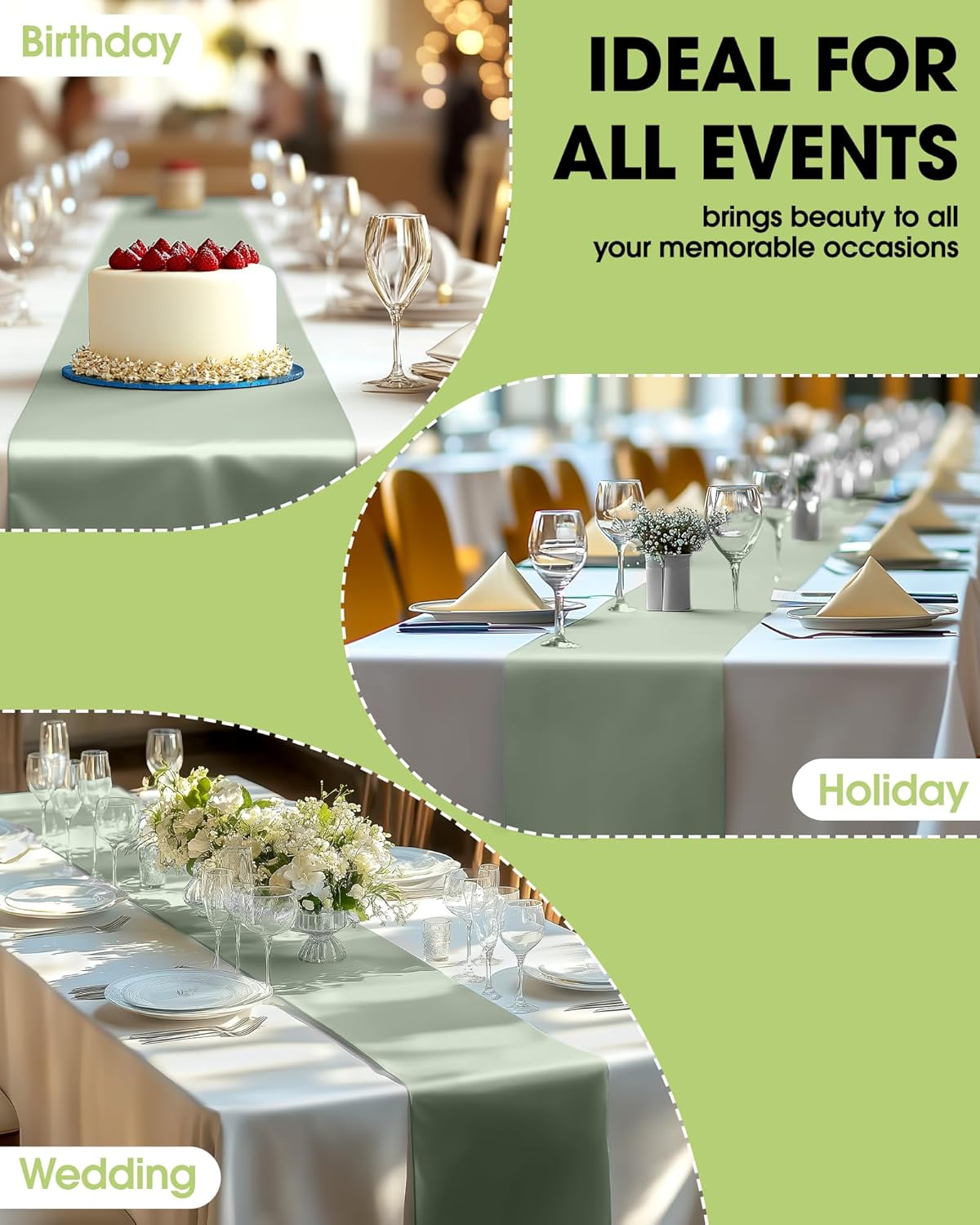 Pureegg Sage Green Plastic Table Runners - 10 Pack, 14'' x 108'', Water Resistant & Disposable Centerpiece Decorations for Table Cloth, Wedding, Birthday, Holiday, Baby Shower, Party, Home Decor