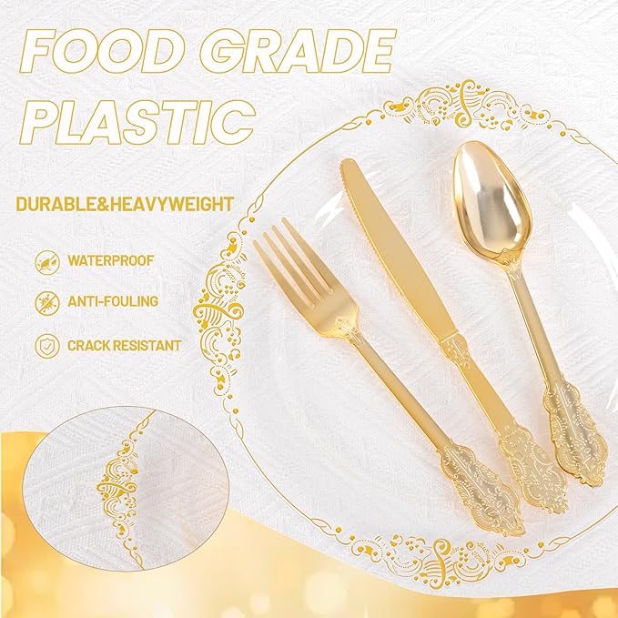 125PCS Clear Plastic Plates - Fancy Clear Gold Disposable Plates Include 25 Dinner Plates, 25 Dessert Plates, 75 Gold Plastic Silverware for 25 Guests for Wedding & Party