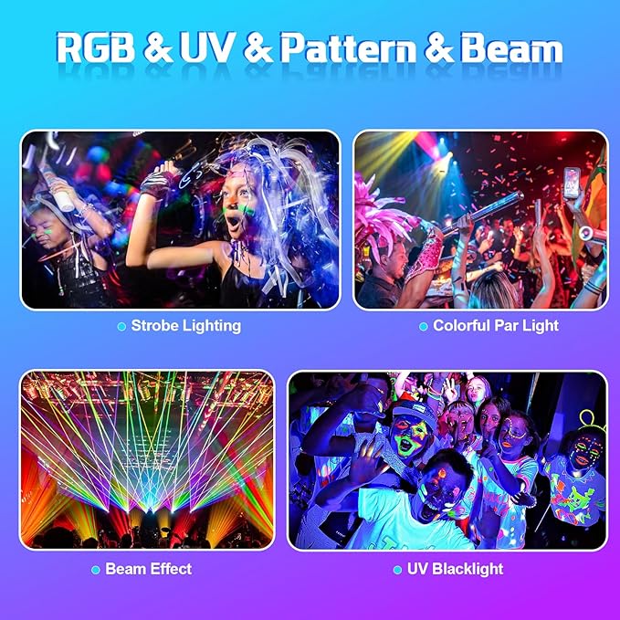 Laser Lights DJ Lights for Parties Pro 4 in 1 with Sound Activated & DMX Control DJ Laser Light Show RGBW & UV Beam Effect Stage Laser Light for Party Birthday Disco Bar Stage Live Show