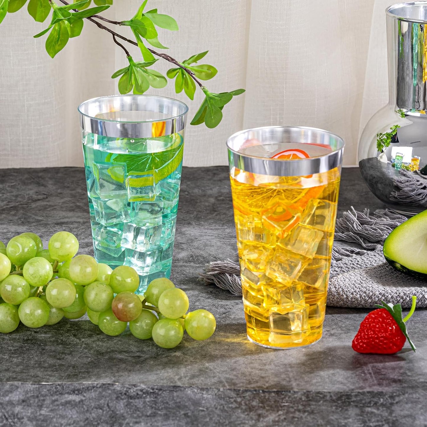 I00000 16 oz Silver Plastic Cups, 100 Pack Clear Plastic Cups,Silver Rimmed Disposable Cup, Heavy-duty Disposable Tumblers Perfect for Party, Holiday, Wedding & Birthday