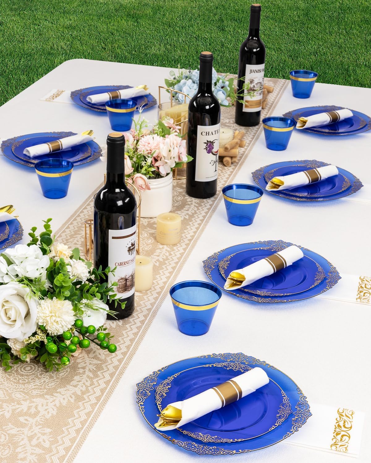 Goodluck 350 Piece Clear Blue Plastic Dinnerware Set for 50 Guests, Fancy Disposable Plates, Include: 100 Blue Rim Plastic Plates, 150 Silverwares, 50 Pre Rolled Napkins, 50 Cups for Party, Wedding