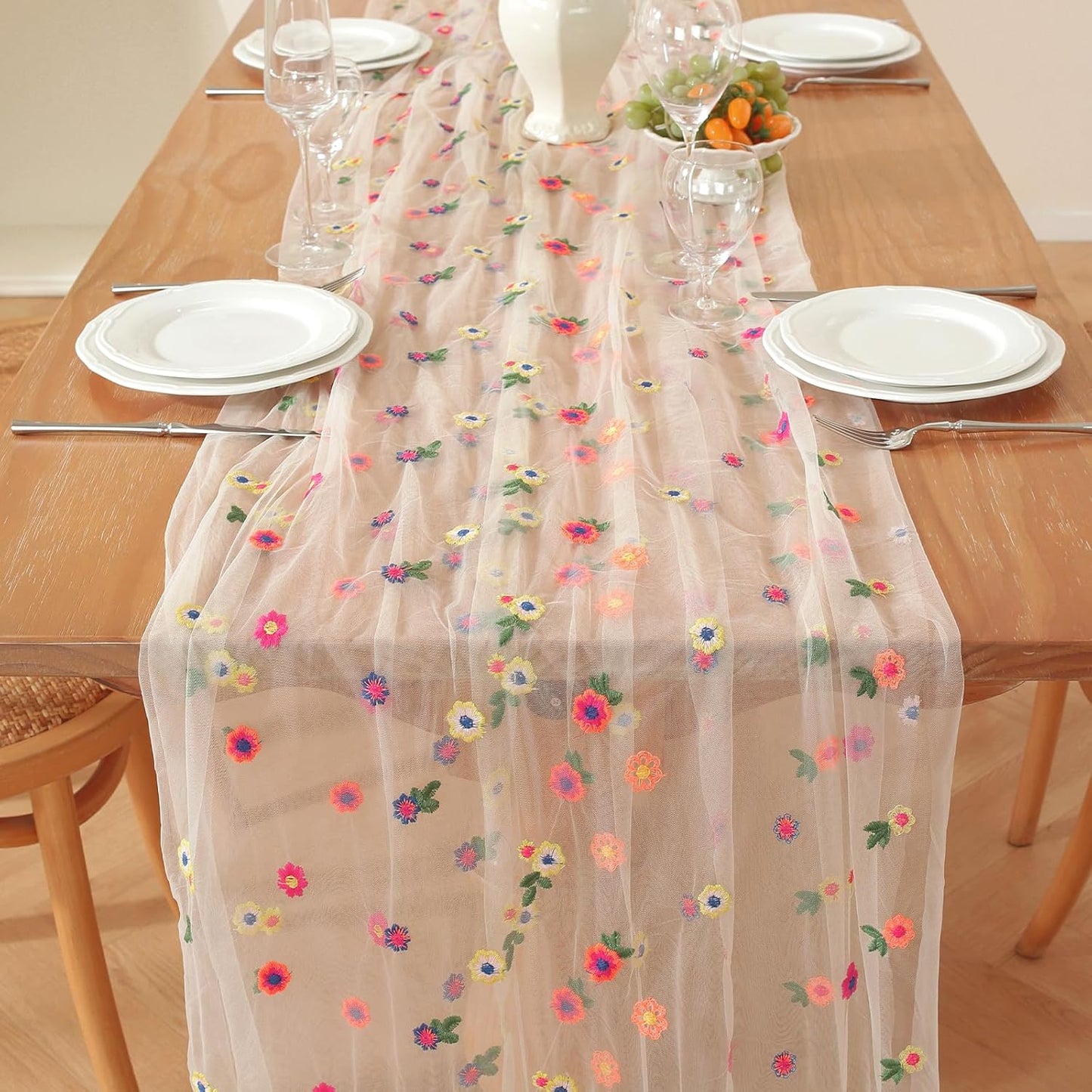 White Embroidery Daisy Fall Table Runner 120Inch 10FT Florals Soft Sheer Tulle Fabric Table Runner for Home Decor, Brithday, Wedding, Baby Shower ,Holiday ,Parties, DIY Craft,1PC