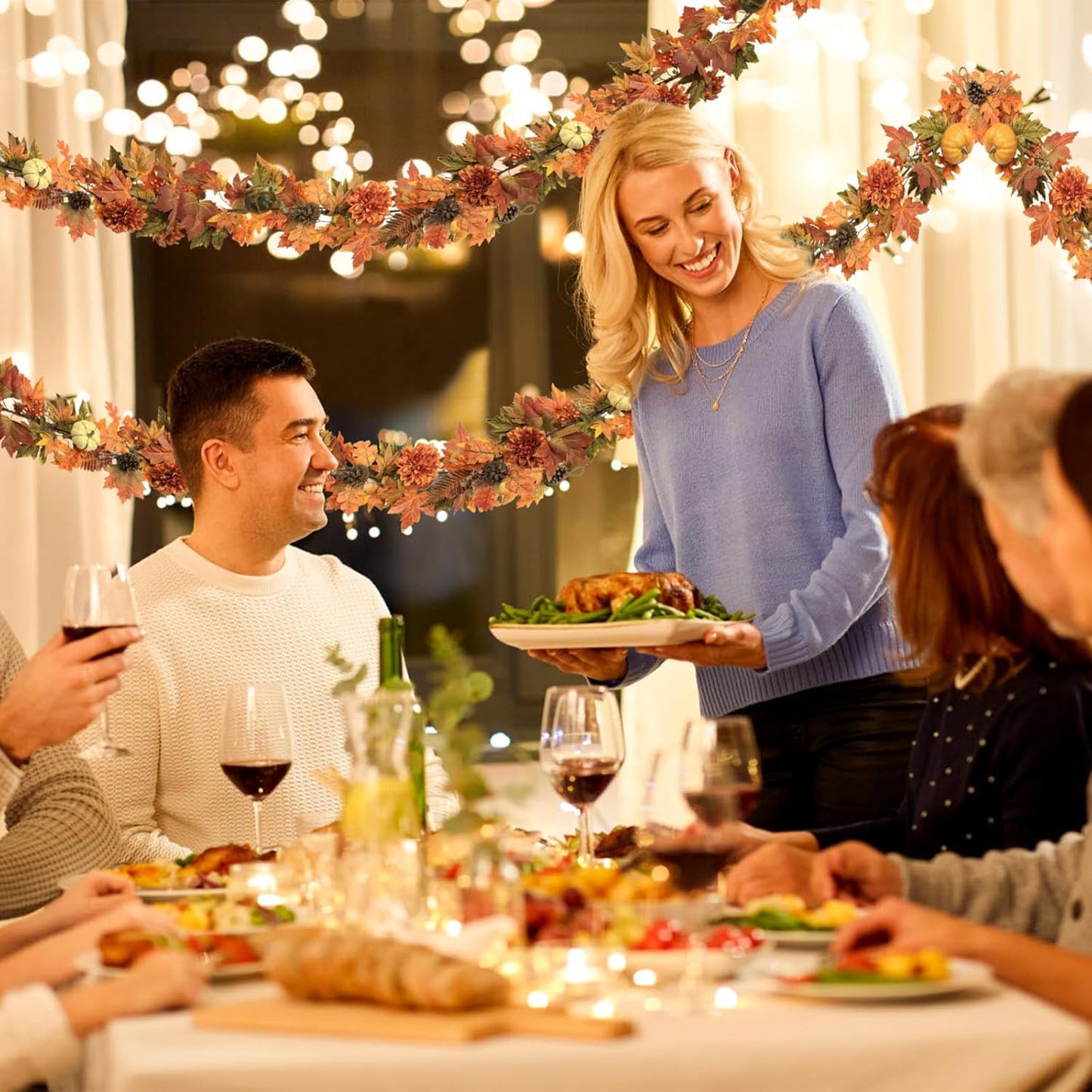 Artificial Fall Maple Leaves Garland Hanging Vine 6Ft Fake Pumpkin Pine Berries Autumn Decoration Garland Decor for Fireplace Home Doorway Party Indoor Outdoor