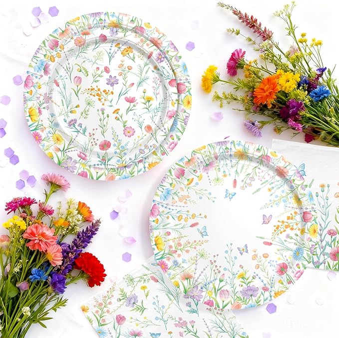 Gatherfun Wildflower Party Decorations Set for 16 - Flower Birthday Decorations with Dinner & Dessert Plates and Napkins for Wildflower Baby Shower Decorations