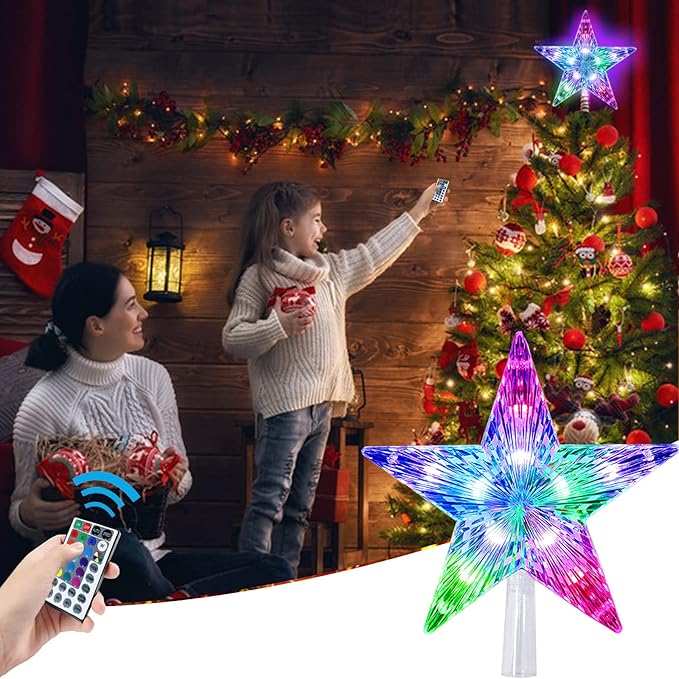 Christmas Star Trees Topper Light 9.5inch 24 Modes Color Changing with Versatile Remote Controller 3AA Battery Powered Christmas Tree Topper Party Home Decoration（Indoor and Outdoor ）