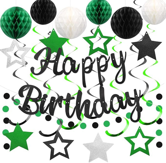Birthday Decorations, NO DIY, Pre-Strung Happy Birthday Banner with Honeycomb Ball, Hanging Swirl, Circle Dots Garland, Happy Birthday Party Decorations for Women Men Boys Girls (Green & Black)