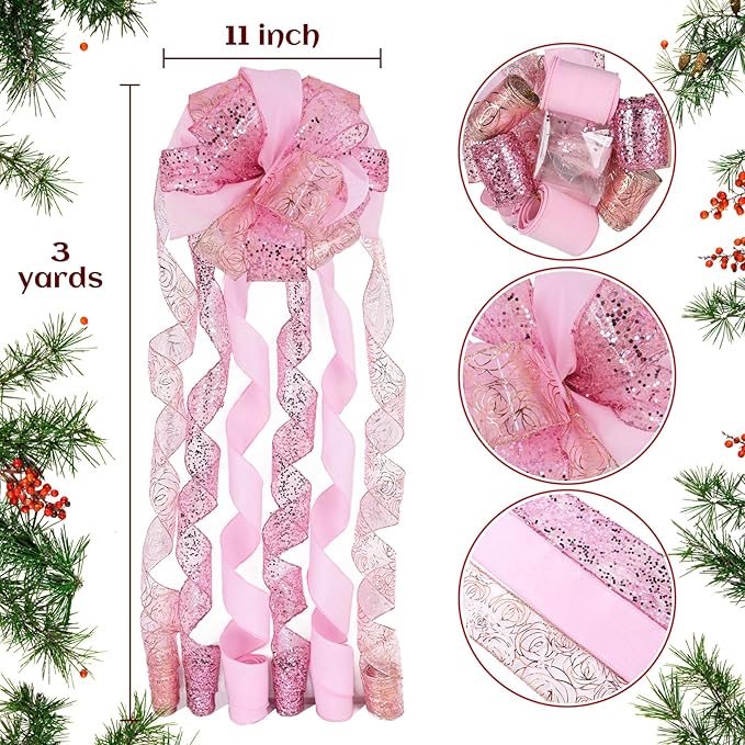 Pink Glitter Christmas Tree Topper Bow 11 Inch with 6 Ribbon Tails 3 Yards Long Wired Ribbon for Holiday Easy Style Party Decoration