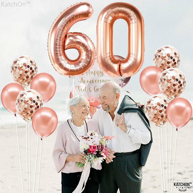 KatchOn, Big Rose Gold Number 60 Balloon - 40 Inch | Mylar Foil 60 Balloon Numbers For Happy Birthday Decorations | Number Balloons With Confetti For Anniversary Decorations | Birthday Party Supplies