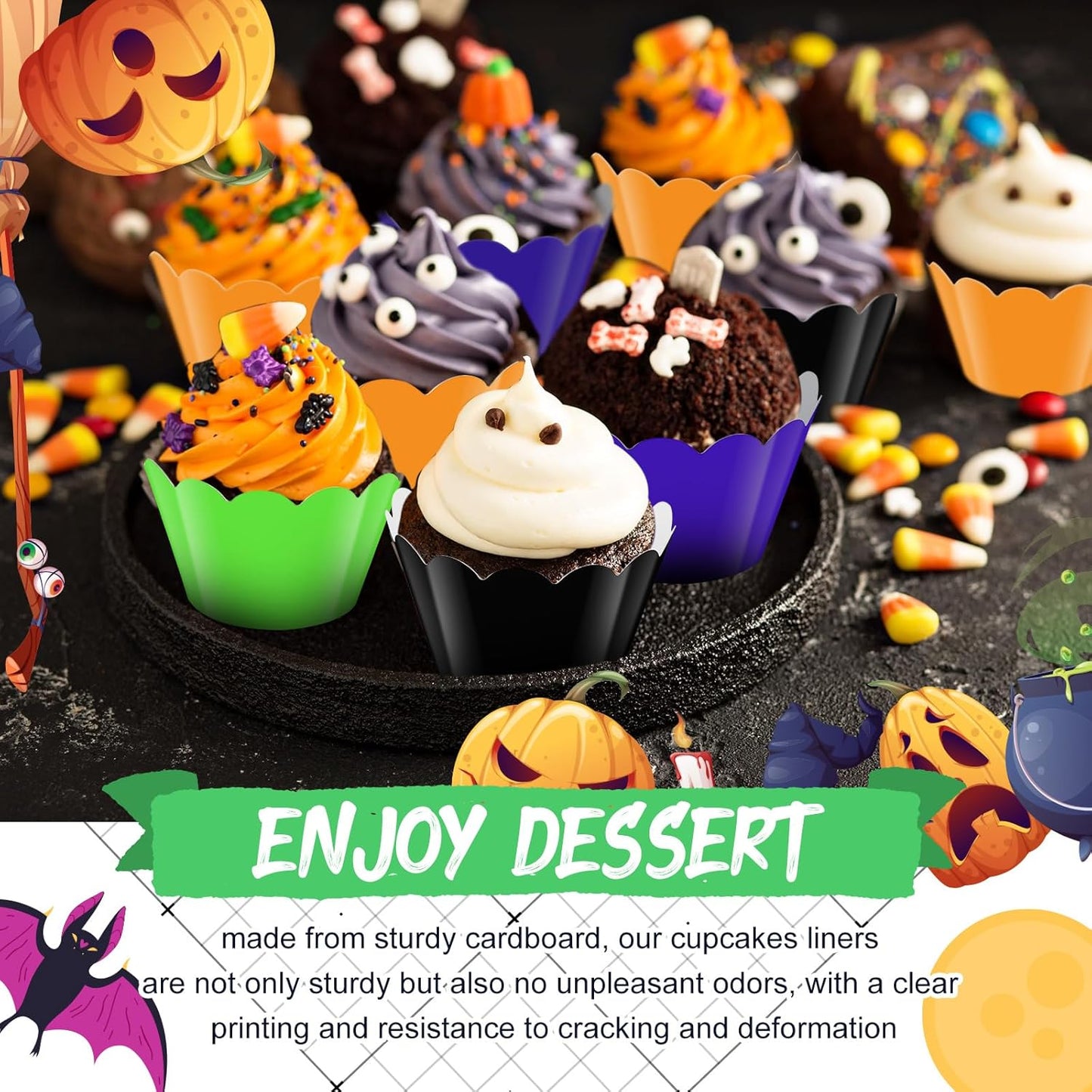 Domensi 100 Pcs Halloween Cupcake Wrappers Rustic Cupcake Liners Orange Black Purple Green Baking Cups Baking Liners for Wedding Bridal Baby Shower Birthday Halloween Party Supplies Dessert Decoration