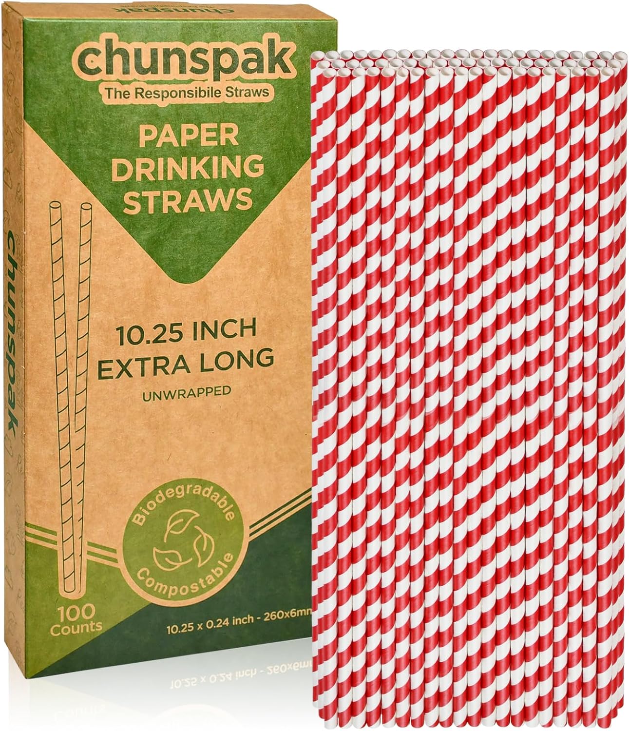 Extra Long Paper Straws 10 Inch - Biodegradable Disposable Long Drinking Straws - Red/White Striped, 100