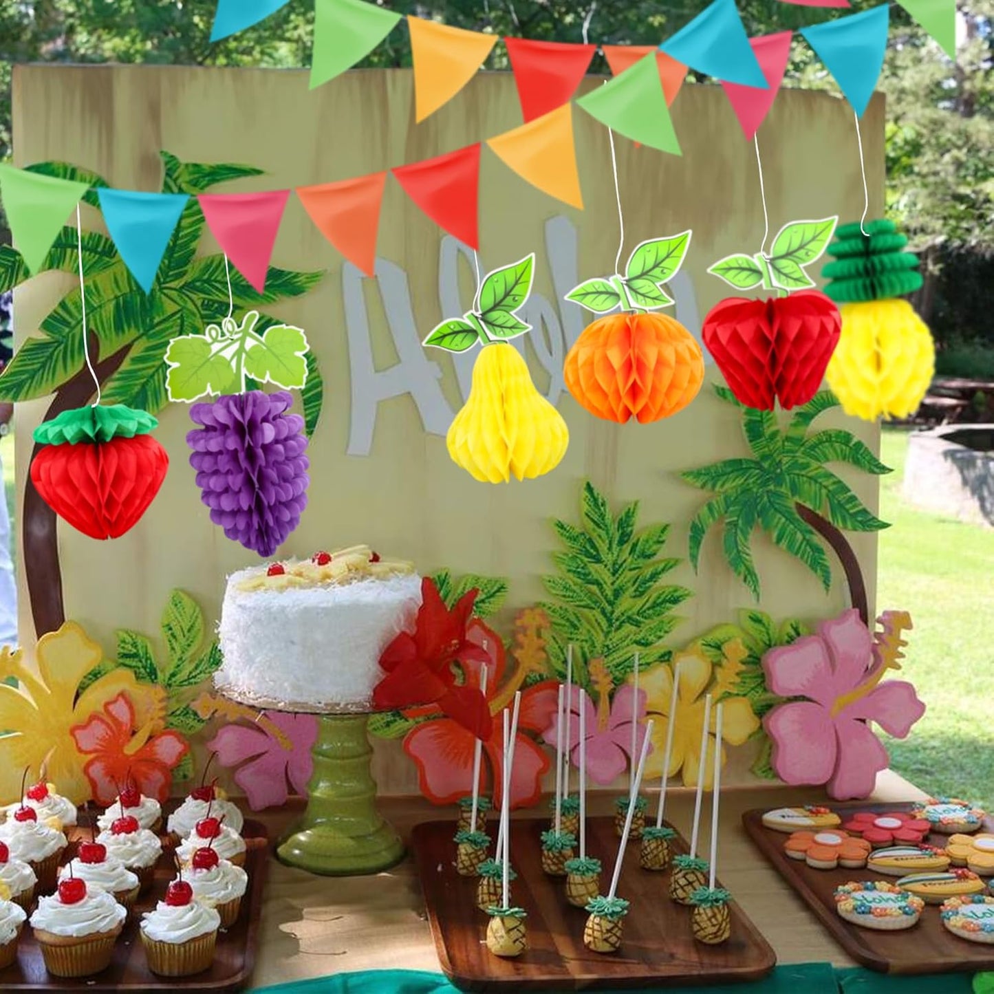 Gyufise 6Pcs Fruit Honeycomb Centerpieces Hawaiian Summer Fruit Table Toppers Tropical Fruit Party Decorations Pineapple Strawberry Grape for Hawaiian Luau Fruit Themed Party