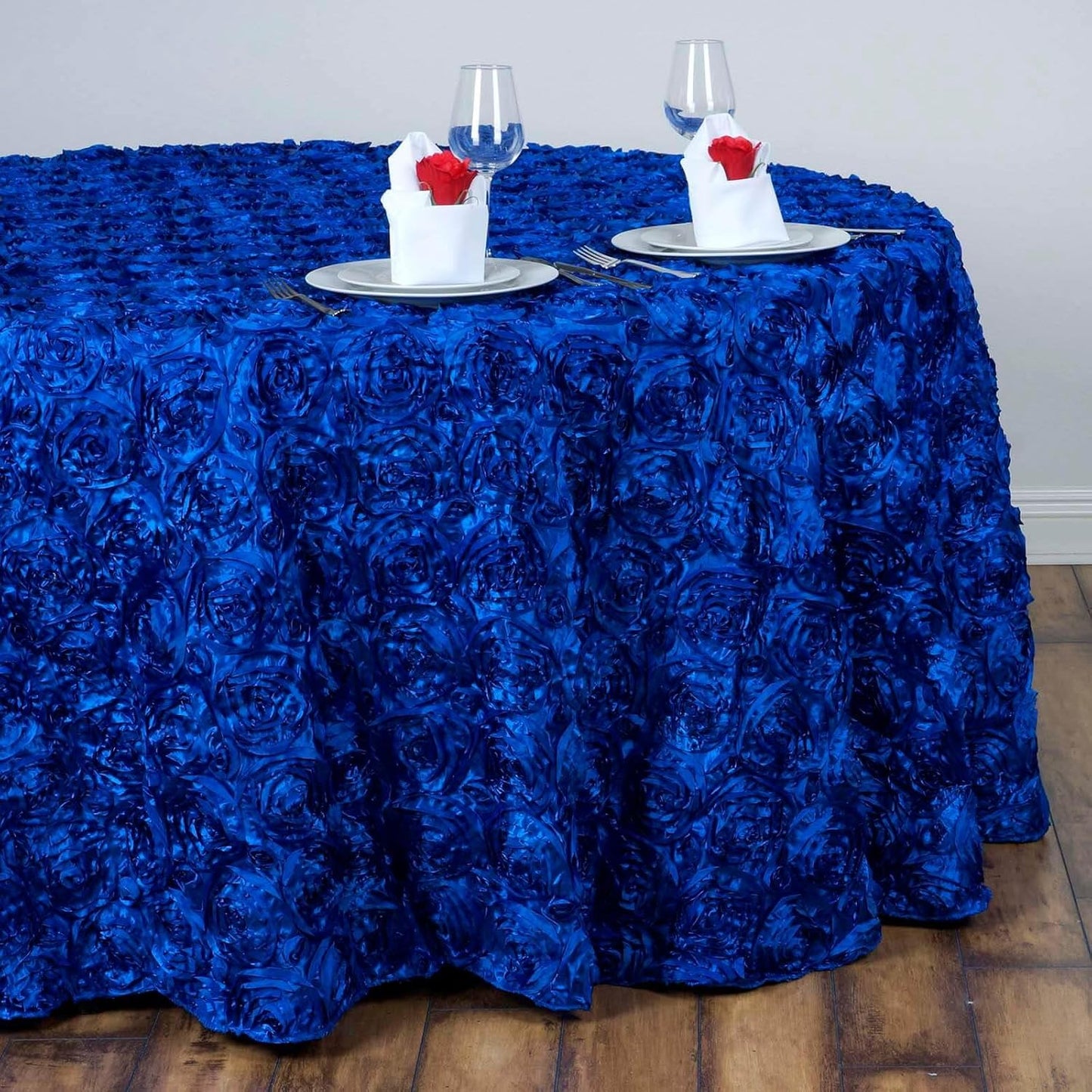 Efavormart 132" Wholesale Round Table Cover Royal Blue Grandiose Rosette 3D Satin Tablecloth for Wedding Party Event Decoration