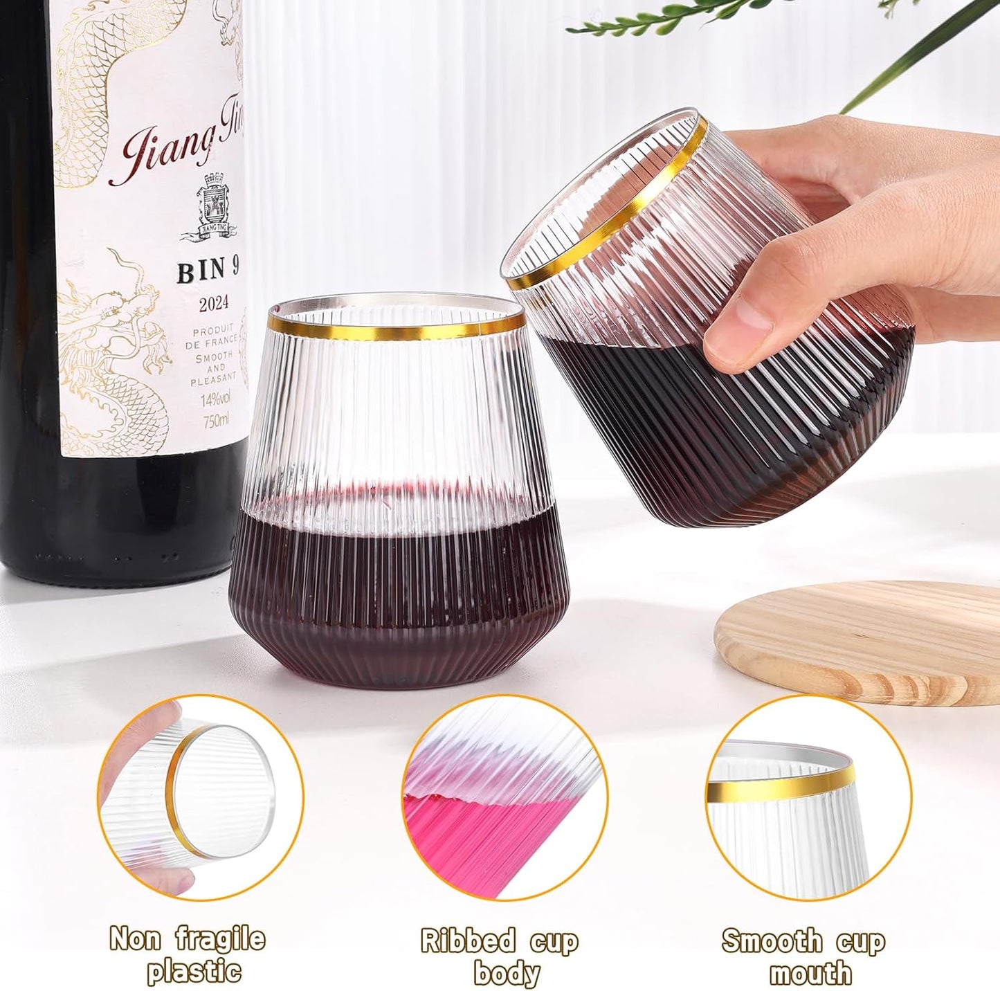 mwellewm 48 Pcs Plastic Wine Glasses Disposable, Cocktail Glasses Set 9 OZ Stemless Champagne Flutes 12 OZ Ribbed Origami Ripple Reusable Party Cup for Wedding Home Office Bar Drinking(Gold Rim)