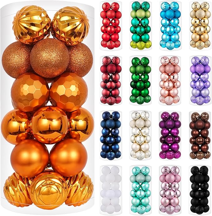 XmasExp 24ct Christmas Ball Ornaments Set Yellow Shatterproof Xmas Tree Hanging Decorations Perfect for Fall Thanksgiving Holiday Decor (Orange, 2.36")