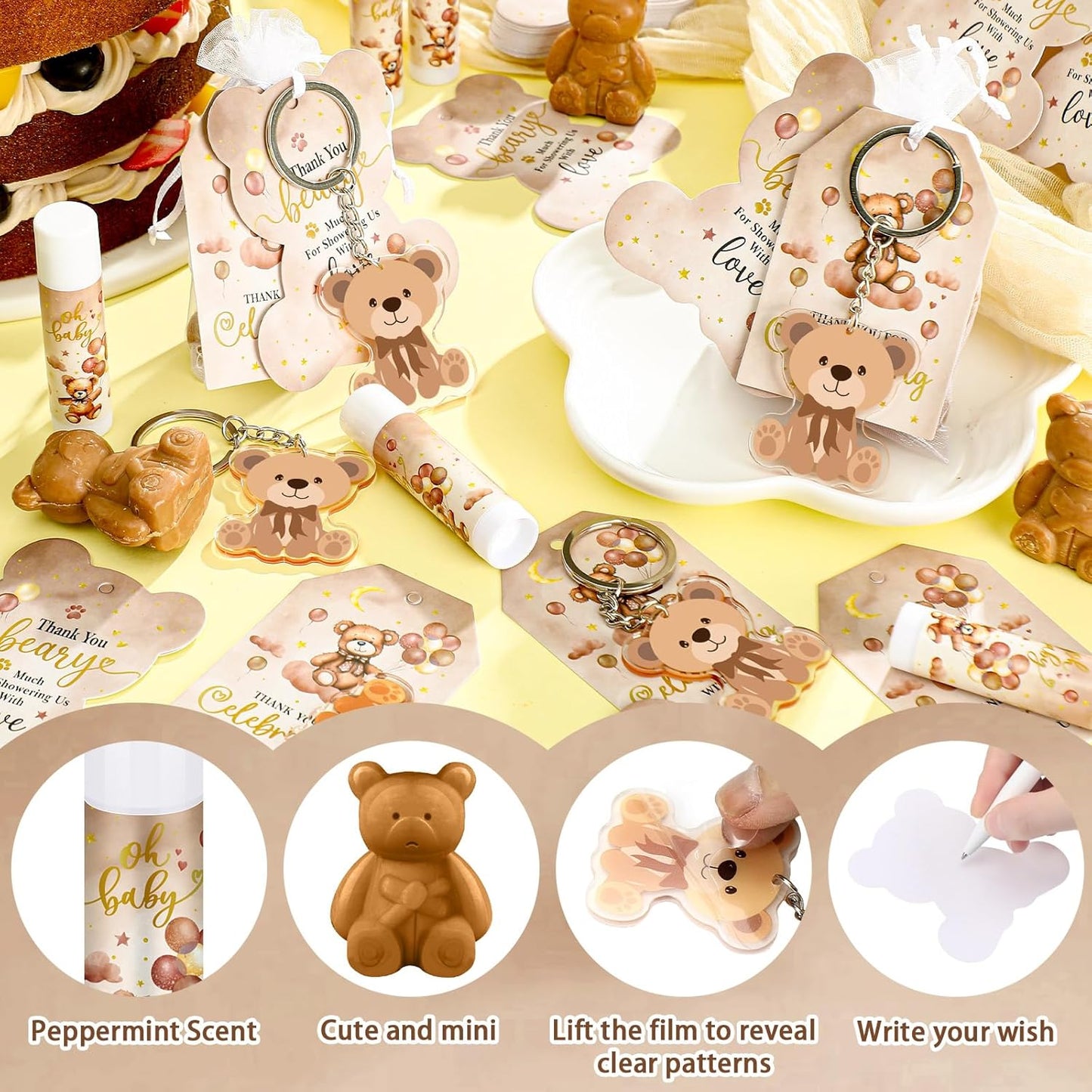 288 Baby Shower Favors: 48 Sets of Lip Balms, Soaps, Keychains, Organza Bags, Thank You Tags & Cards for Boys & Girls Baby Shower Gifts (Brown, Bear)