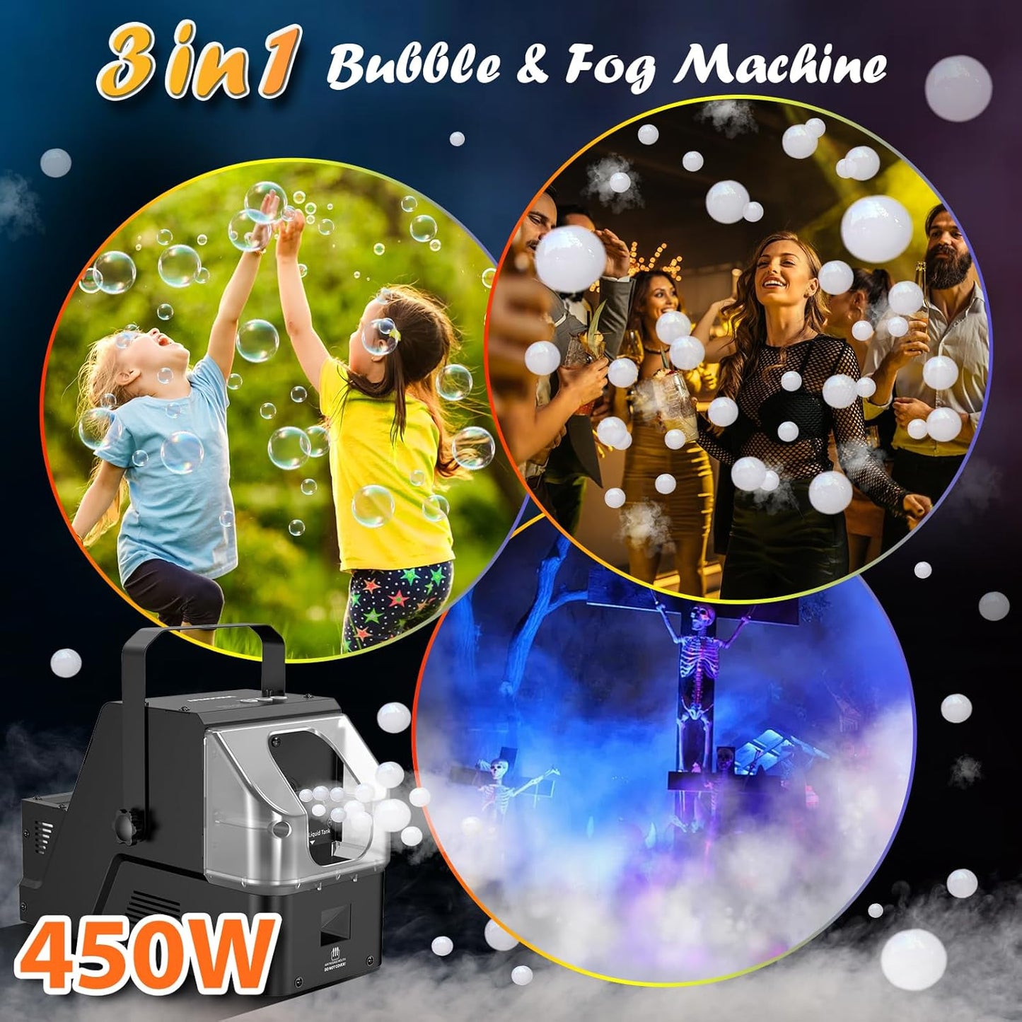 Smoke Machine, 3-in-1 Bubble Fog Machine, 450W Bubble Fogger with Remote Control, Make Colorful Bubbles | Fog Bubbles | Continuous Fog for Stage DJ Wedding Halloween Party