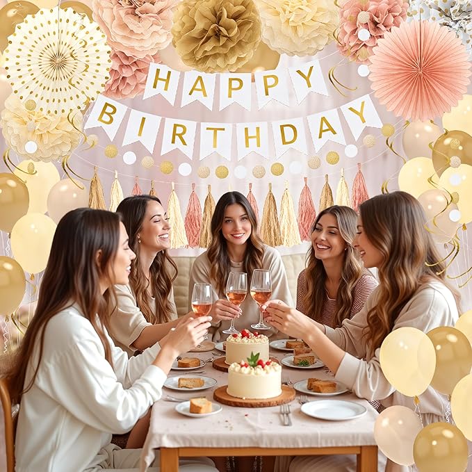 Champagne Gold Fall Boho Birthday Decorations for Women Girls Beige Cream Neutral Party Decorations Happy Birthday Banner, Balloons, Tissue Pom Poms, Paper Fans Streamers Party Decor