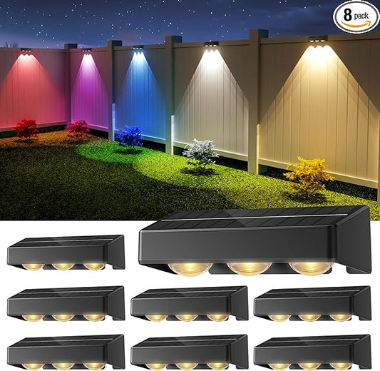 NIORSUN Solar Fence Lights,8 Pack Solars Deck Light,RGB Color,Outdoor Bulb Waterproof Led IP65,Outdoor Fence Light,Power Patio Lamp with Lenses for Outside/Backyard/Railing/Yard(Black)